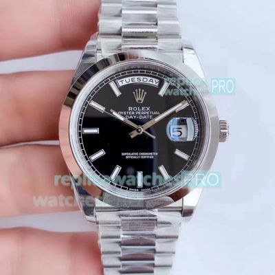 Noob Replica Rolex Day-Date II 41mm Swiss ETA3255 SS Black Dial Smooth Bezel